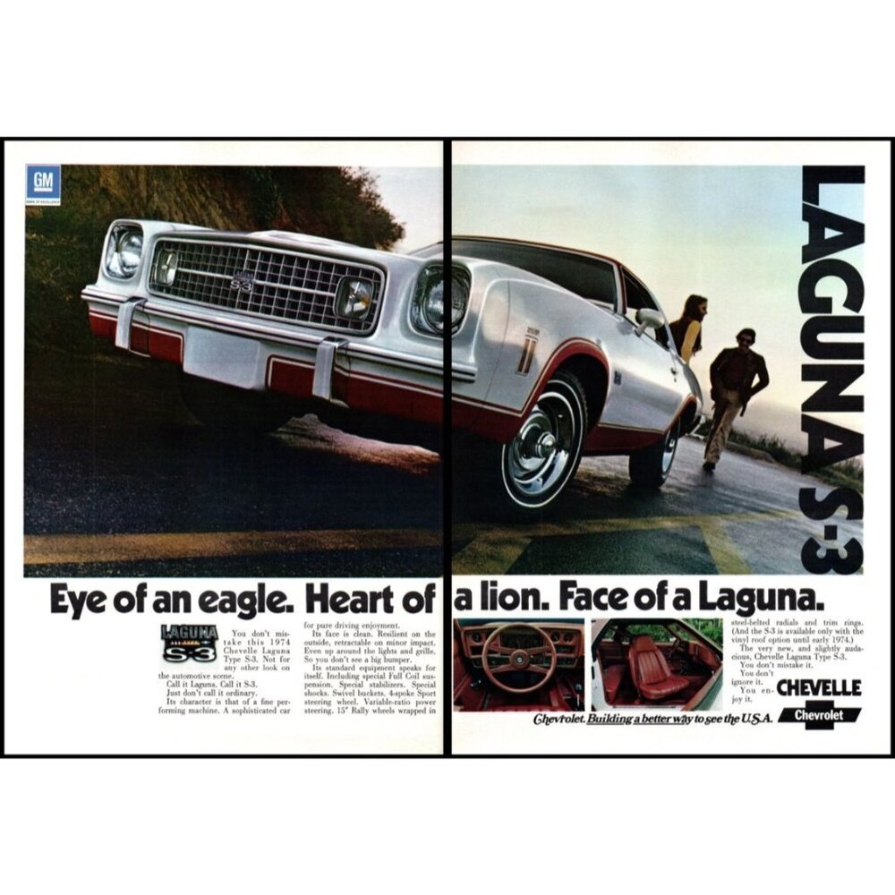1974 Chevy Chevelle Laguna S-3 2 Page Vintage Print Ad Parking Lot Wall Art